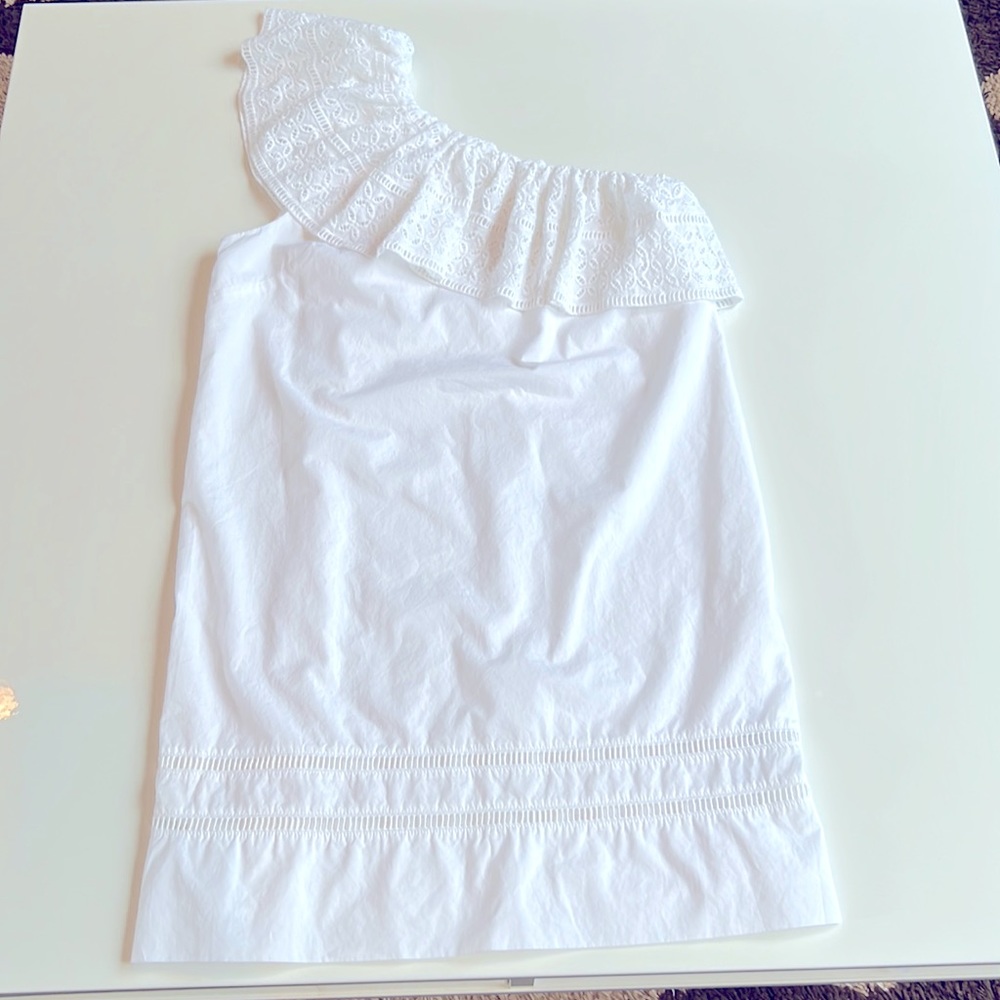 Abercrombie and Fitch white cotton dress one Shoulder, ruffle eyelet embroidery